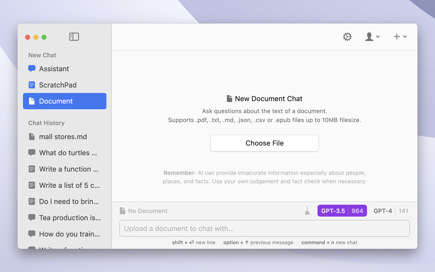 New document chat screen in ReadyRunner